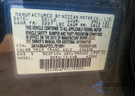 2012 Nissan Sentra 2.0 from USA, damaged, VIN 3N1AB6AP2CL701081